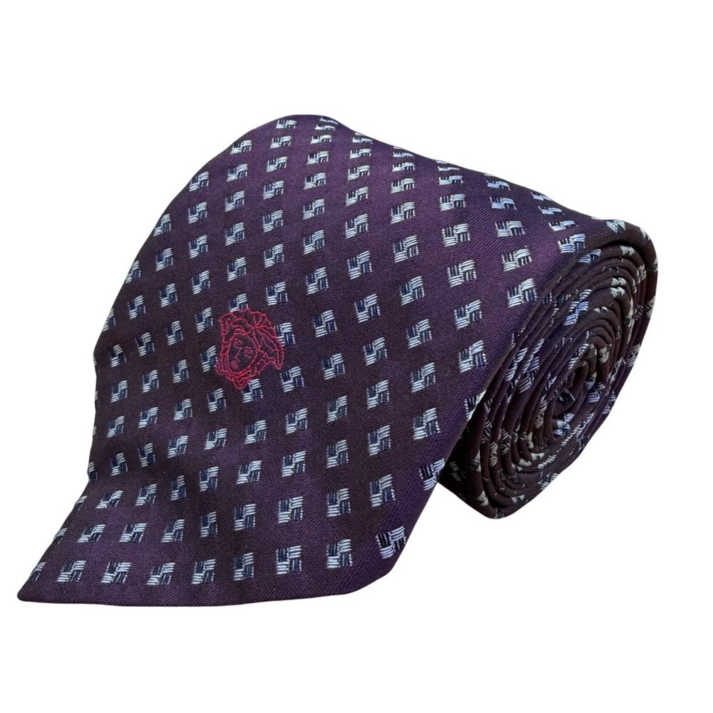 Versace Mens Purple Silk Geometric Pattern Tie With Medusa Logo